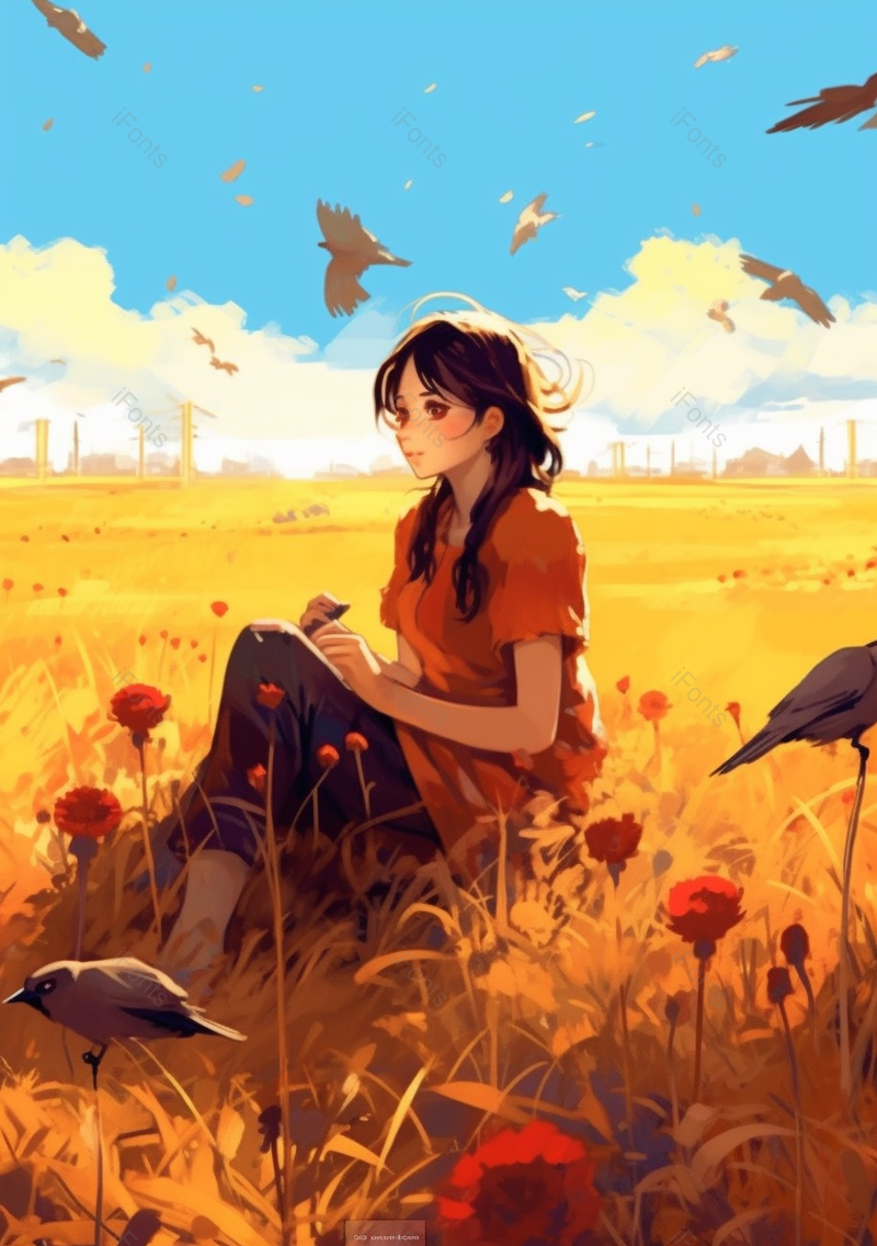坐在稻田里的小女孩和一群小鸟背景,插画/手绘图,插画/手绘图库,插画/手绘图下载,插画/手绘